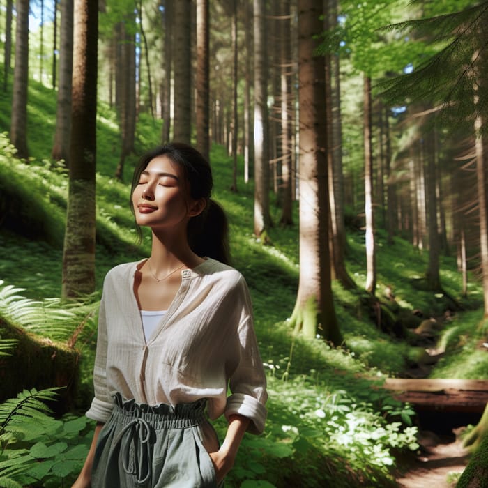 Tranquil Forest Walk by an Elegant Lady