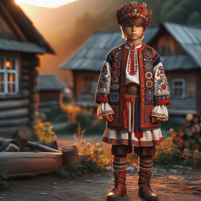 Caucasian Boy in Vibrant Eastern European Folk Attire