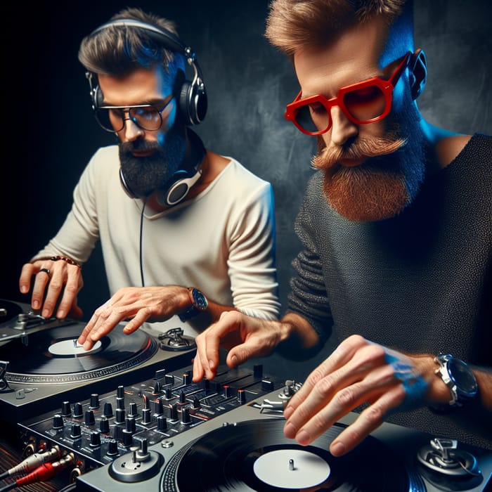 Bearded DJ in Red Glasses Spinning at Turntables