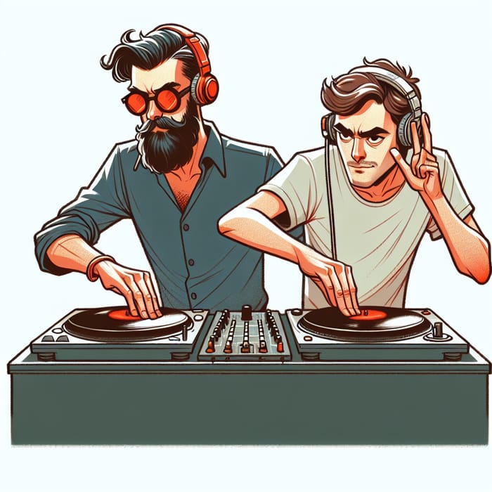 DJ with and without beard on turntables - Music mix