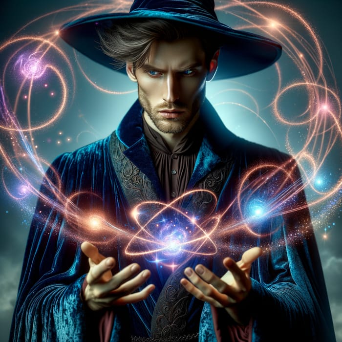 Caucasian Magical Wizard with Firm Body | Deep Blue Cloak & Mystical Energy