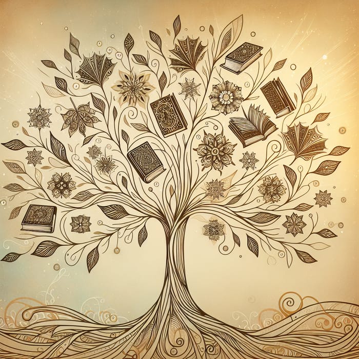 Art Nouveau Tree Silhouette with Book Decor - Intricate Line Work and Floral Motifs