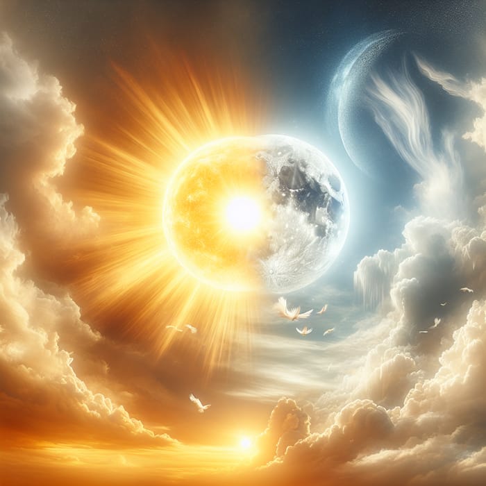 Celestial Alignment: Sun and Moon in a Surreal Sky