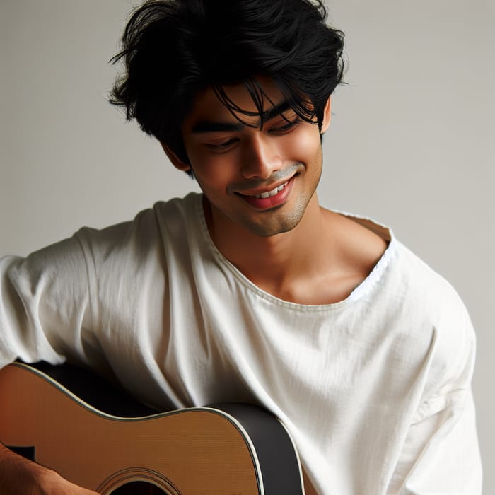 Smiling South Asian Musician Playing Guitar
