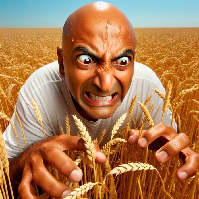 Maniac Bald Man Searching Wheat Field