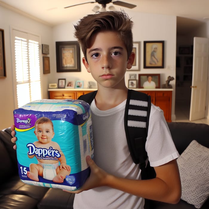 13 Year Old Boy Holding Generic Baby Diapers Top Pampers Baby Dry 