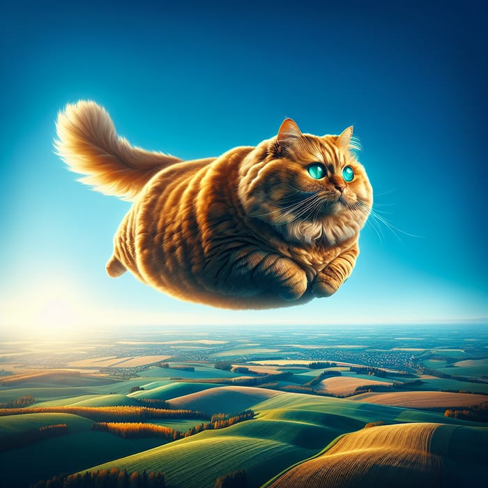 Flying Cat Soaring High in a Mystical Sky