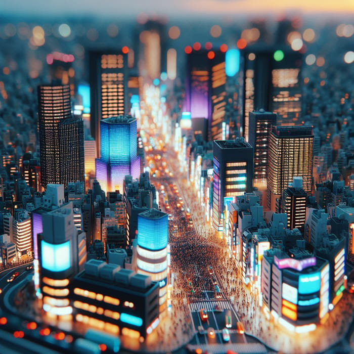 Neon Cyberpunk Cityscape: Bustling Crowd in Miniature