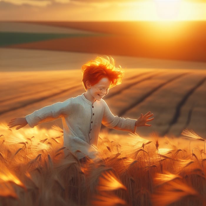 Cheerful Redheaded Boy Dancing in Golden Meadow