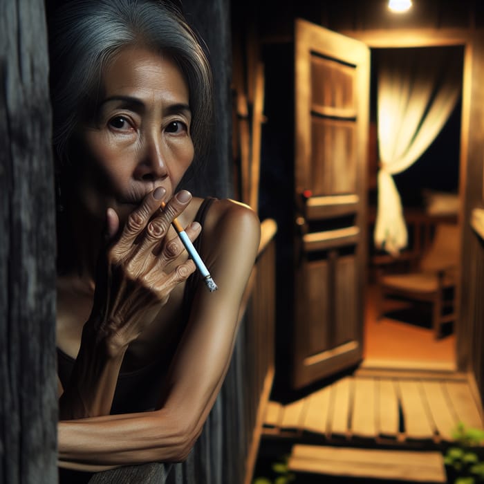 Nighttime Reflection: Woman's Final Cigarette on Porch