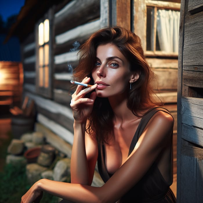 Brunette Woman Smoking Last Cigarette on Porch at Night