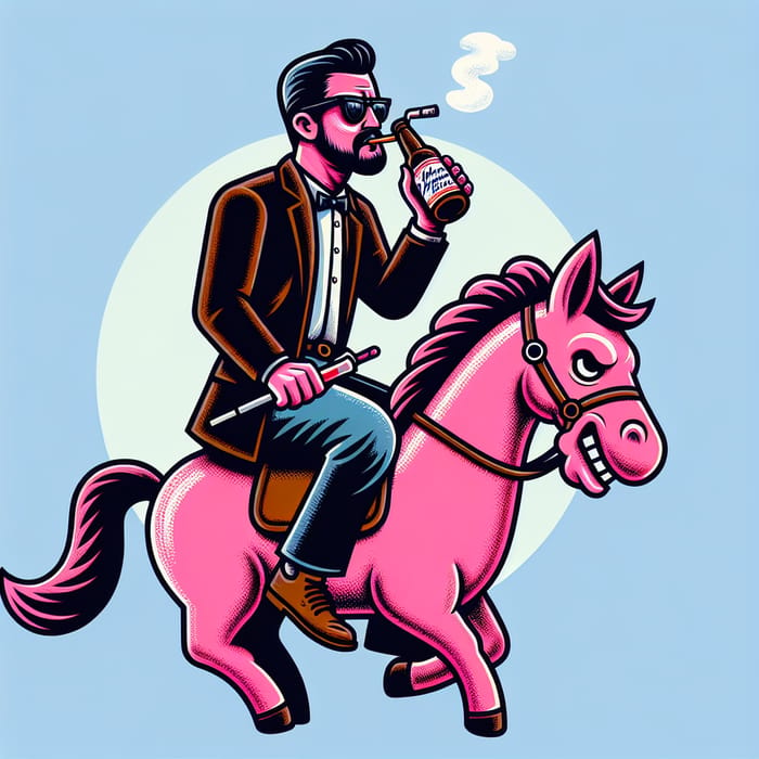 Man Perched on Pink Horse Smoking Cigarette and Sipping Root Beer