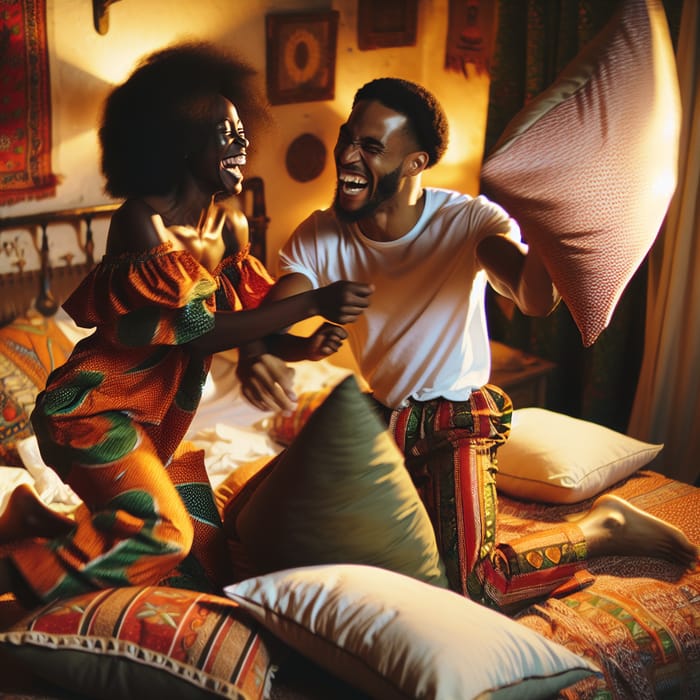 Captivating Pillow Fight: African Couple's Joyful Romance Immortalized
