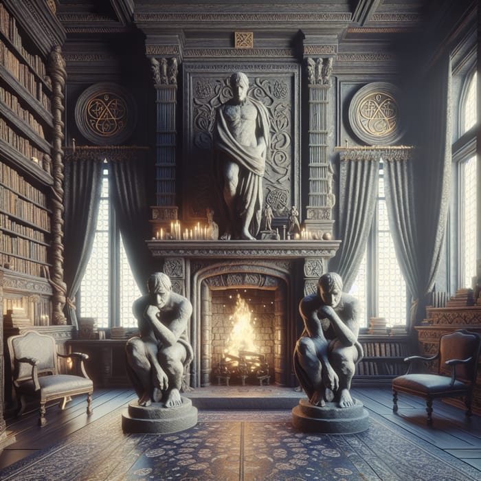 Enchanting Wizard's Library - Ancient Statues & Cozy Fireplace