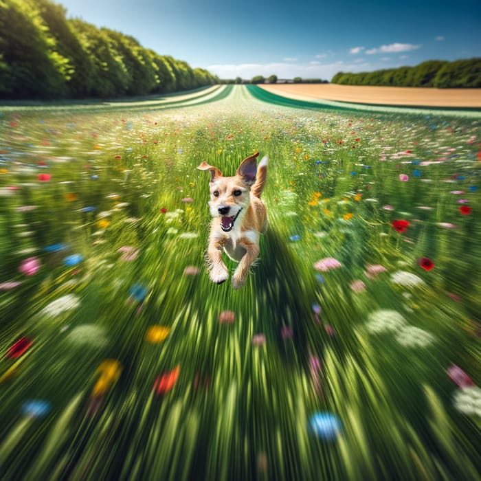 Playful Dog Running in Vibrant Nature Field