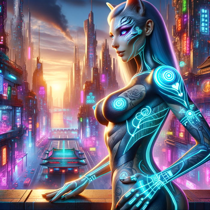 Futuristic Cyberpunk Catwoman: Neon-Lit Augmented Reality with Vibrant Cityscape