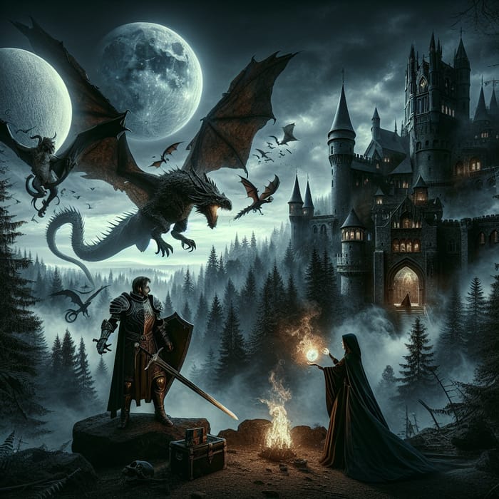 Dark Fantasy Castle: Knight vs Dragon, Woman Magician in Twilight Realm