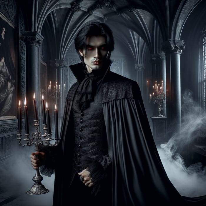 Mysterious East Asian Vampire in Gothic Castle - Dark Fantasy Scene