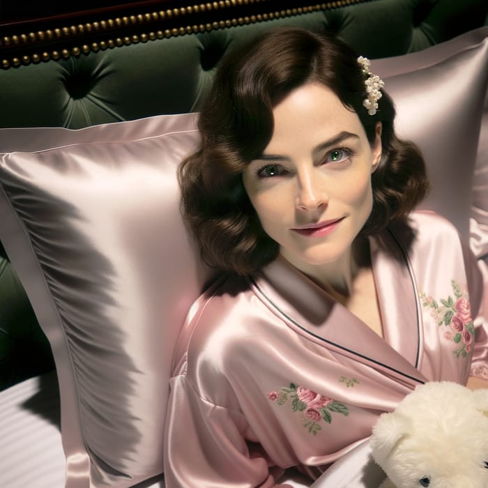 Emilia Clarke Pink Satin Robe White Teddy on Queen Bed