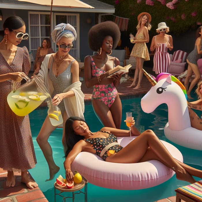 Diverse Women Enjoying Pool Party Under Sun