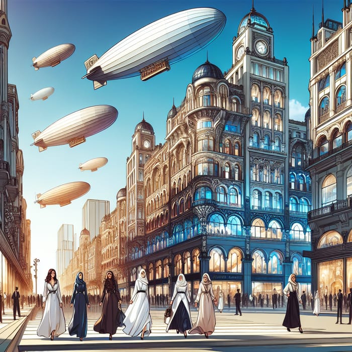 Sophisticated Cityscape with Elegant Women and Airships
