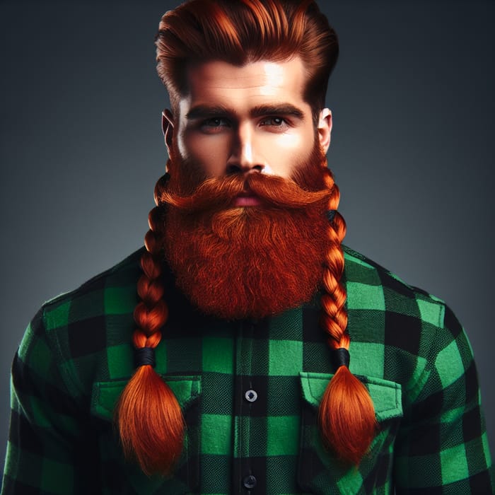 Stylish Lumberjack in Green Plaid Shirt with Red Braided Beard