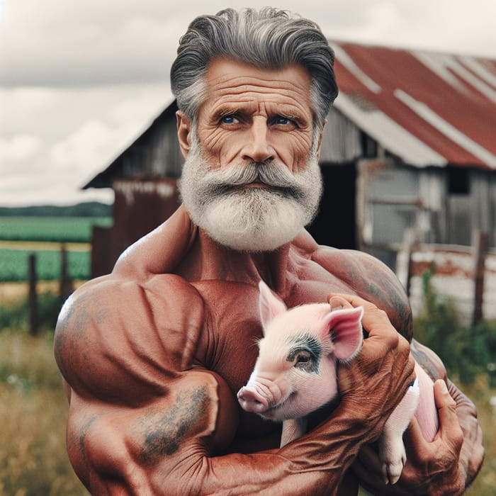 Muscular Senior Man Holding Pink Pig: Countryside Narrative