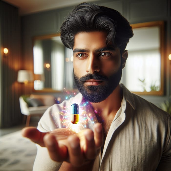Man Holding Mesmerizing Magical Pill - Enigmatic Image