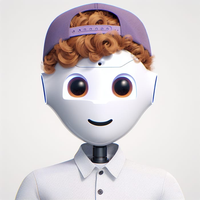 Friendly Male AI Robot with Ginger Curly Hair and Purple Snapback Hat