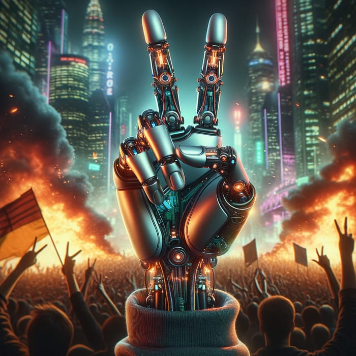 Futuristic Human-Robot Protest: Peaceful Fist Amid Urban Chaos