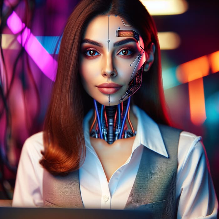 Futuristic Cyberpunk Middle-Eastern Woman Working on Laptop with Neon Wires