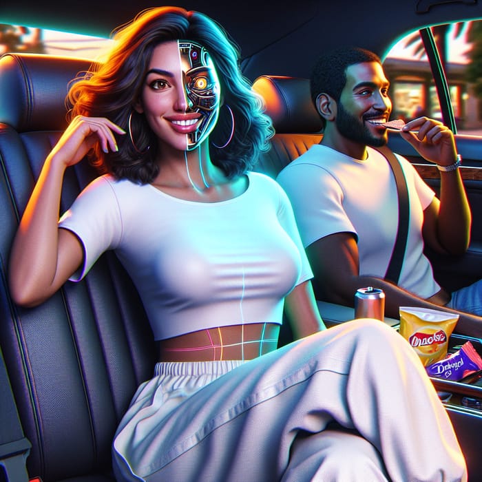 Futuristic Middle Eastern Woman in Car Scene with Robot Features