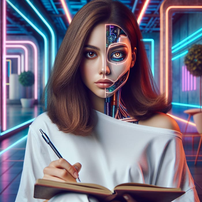 Futuristic Middle-Eastern Woman with Robotic Features Writing in Modernistic Setting