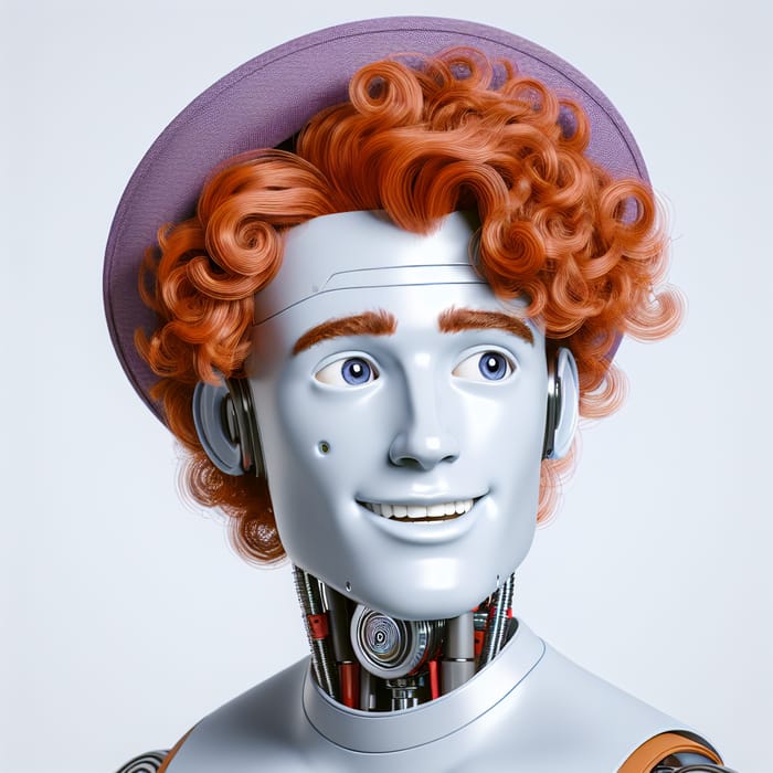 Friendly Male AI Robot with Ginger Curly Hair in Purple Hat
