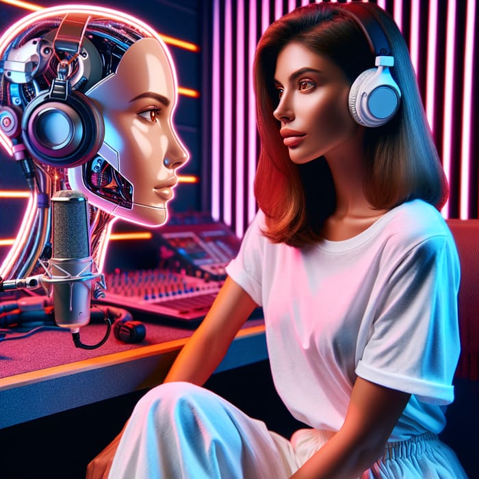 Futuristic Middle Eastern Woman with Cybernetic Half-Robot Face Podcasting