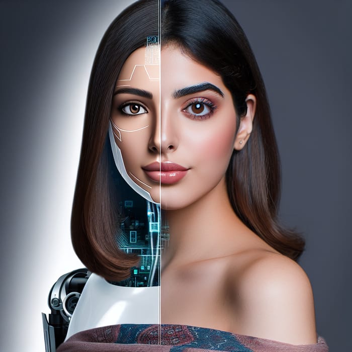 Futuristic Fusion: Cyberpunk Half-Human, Half-AI Middle-Eastern Beauty