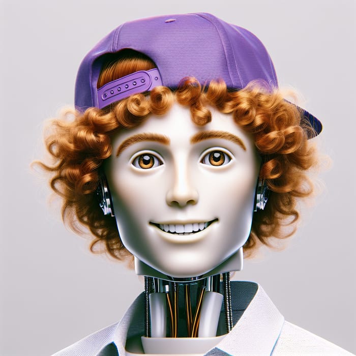 Friendly Male AI Robot with Purple Snapback - Ginger Curly Hair Stylish Design