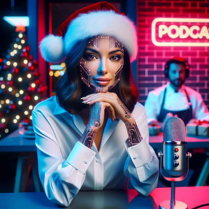 Futuristic Middle Eastern Woman in Santa Claus Hat Podcast Recording