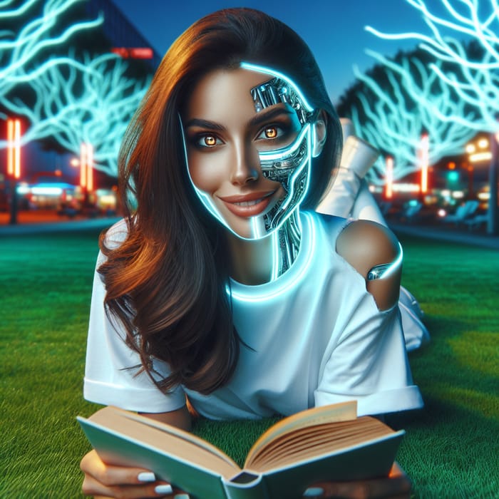 Futuristic Middle Eastern Woman Reading in Park with Digital Twist