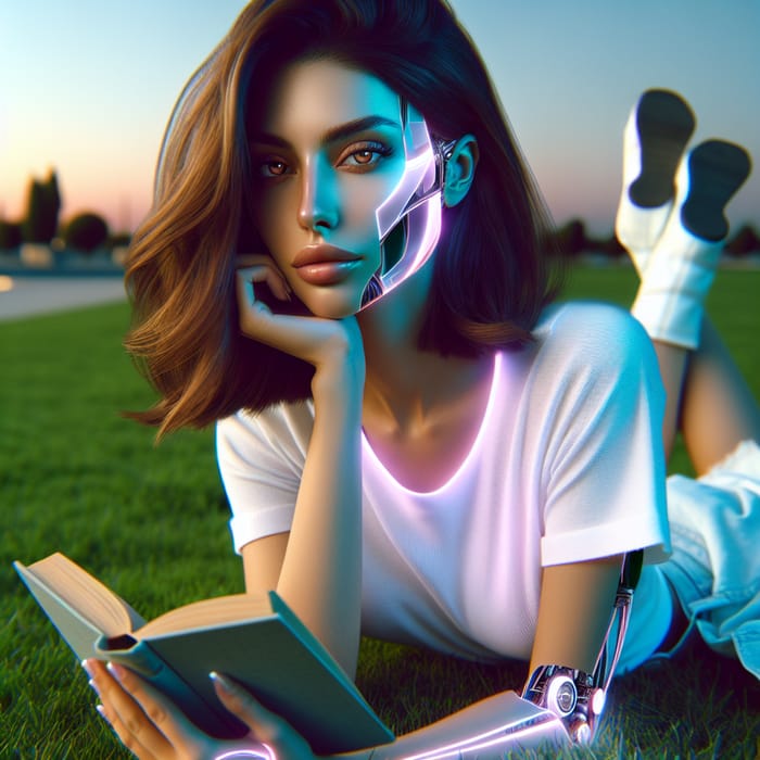 Futuristic Middle-Eastern Woman Reading Book in Park at Dawn