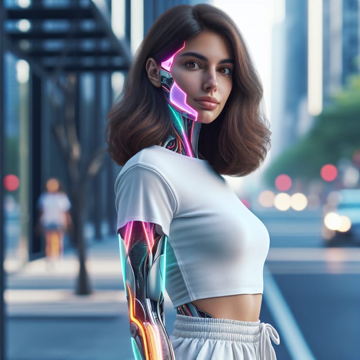 Futuristic Middle-Eastern Cyborg Woman in White: Urban Setting View