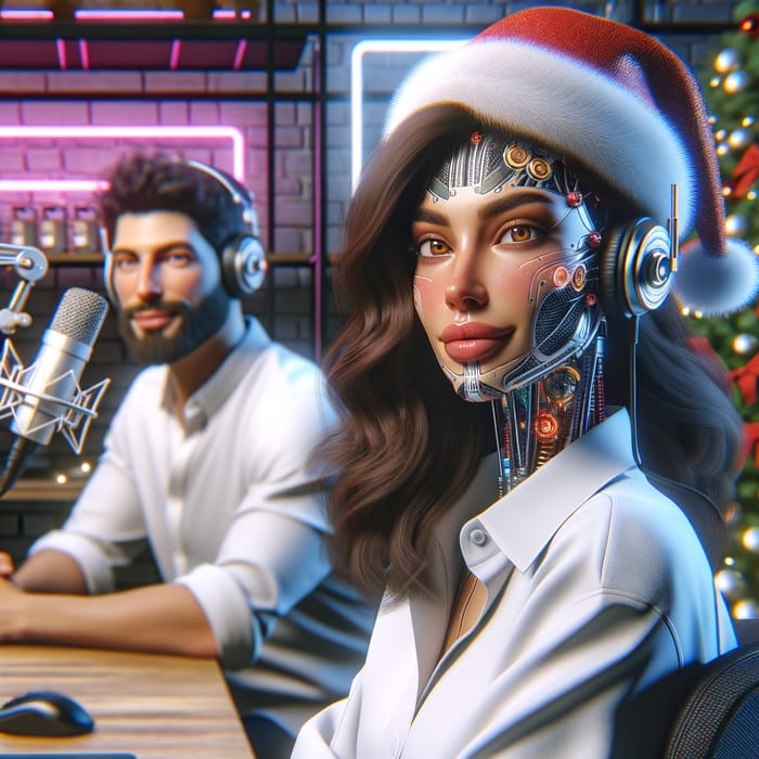 Futuristic Robot-Podcast Collaboration: Middle Eastern Woman and Chef Friend in Christmas Office Scene