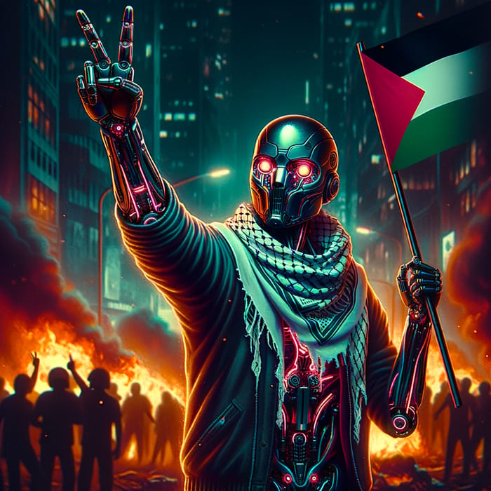 Futuristic Palestinian Peace Protest with Hybrid Ambassador