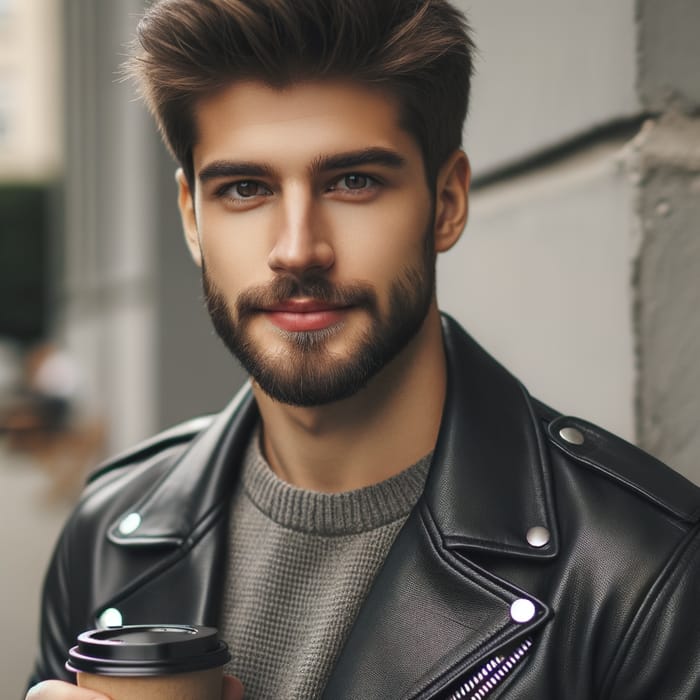 Young Man in Black Leather Jacket with Coffee