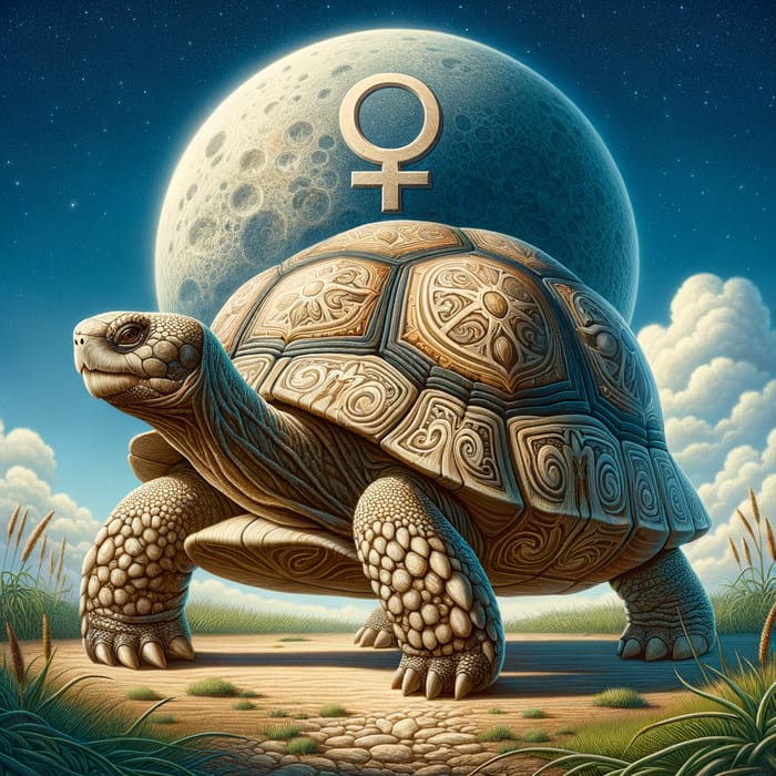 Detailed Scene: Mature Turtle with Taurus Symbol and Venus