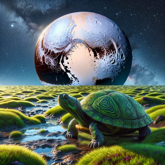 Green Turtle on Ground with Grass & Mud, Pluto in Sky - Terrestrial Life & Outer Space Fusion