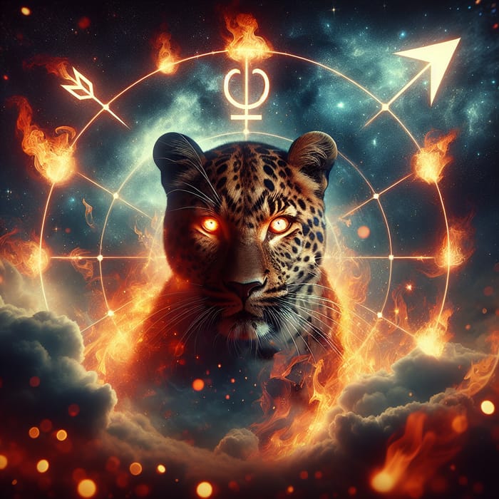 Fiery Leopard in Celestial Landscape with Sagittarius Symbol