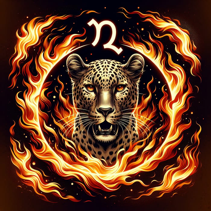 Dynamic Leopard Surrounded by Blazing Flames and Sagittarius Symbol