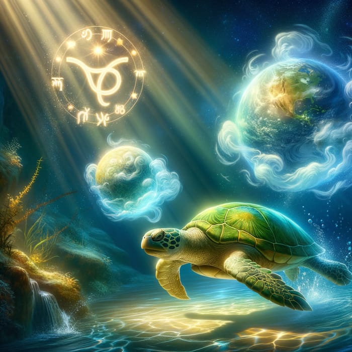 Vibrant Green Turtle in Aquatic World with Taurus and Venus
