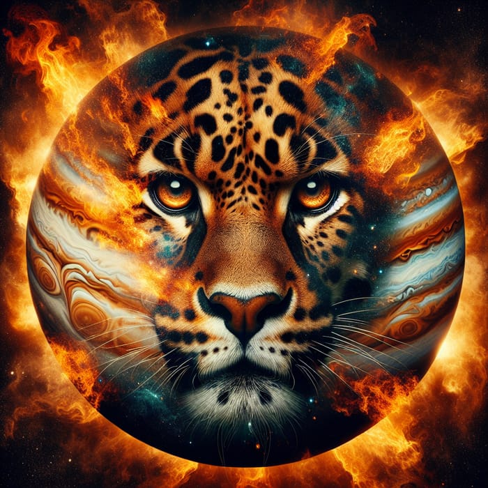 Menacing Leopard Close-Up: Flames & Jupiter Background